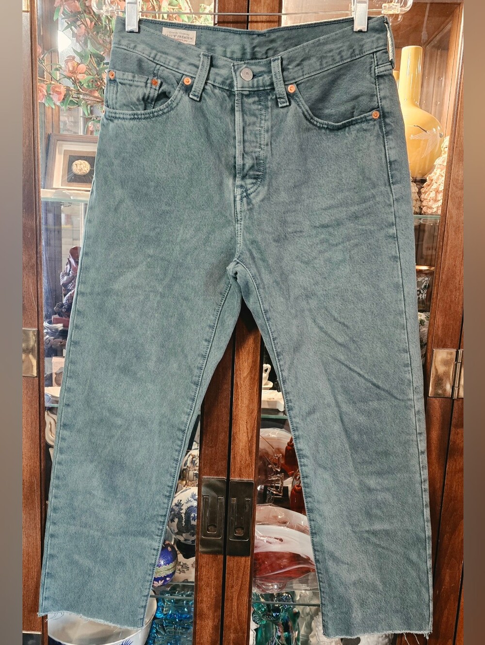 Levi's Premium 501 Original Cropped Jeans Green Raw Hem Button Fly Size